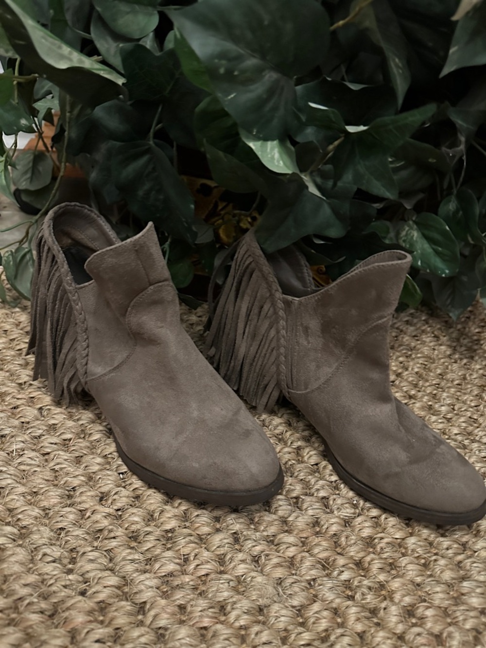 Not Rated Taupe Fringe Suede Ankle Booties